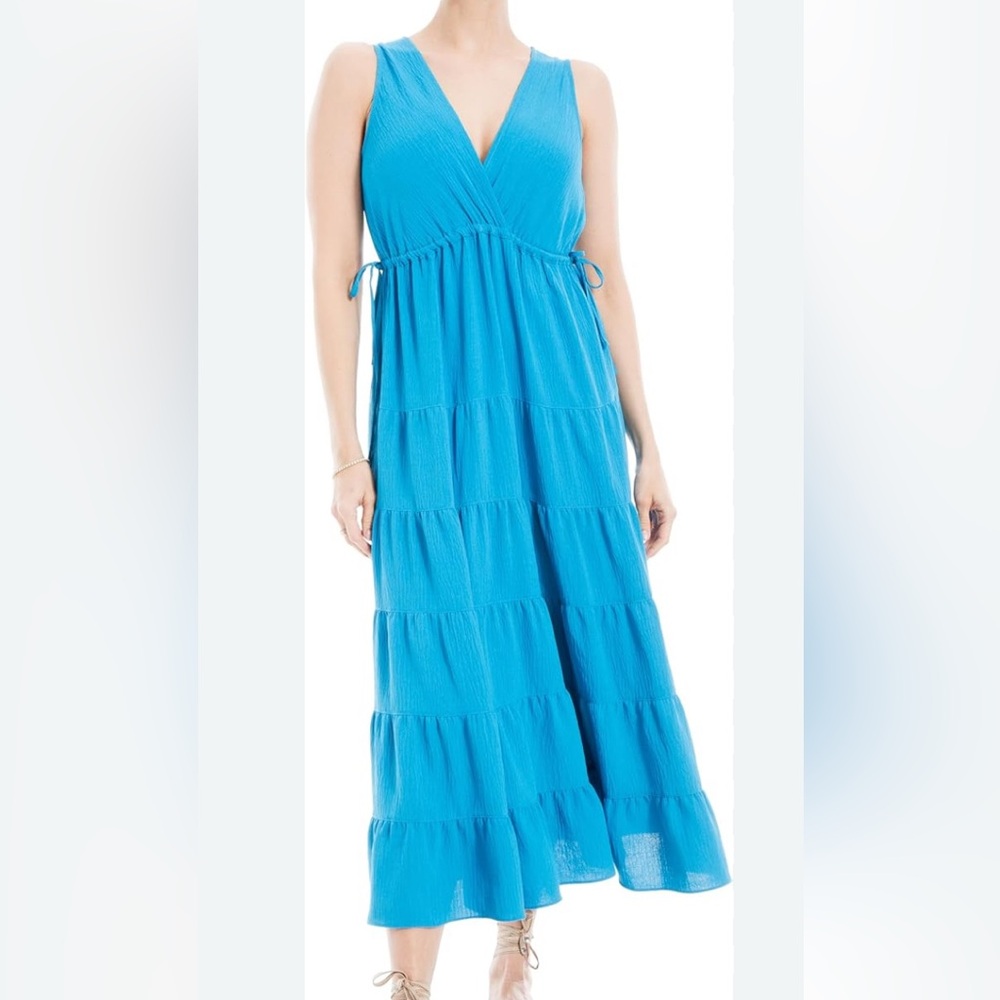 Max Studio Maxi Dress Turquoise Blue V-Neck Adjustable Waist Ties XS Resort